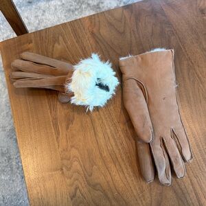 Women's Vintage Y2K Suede Fur Tan Winter Gloves Size XS/S